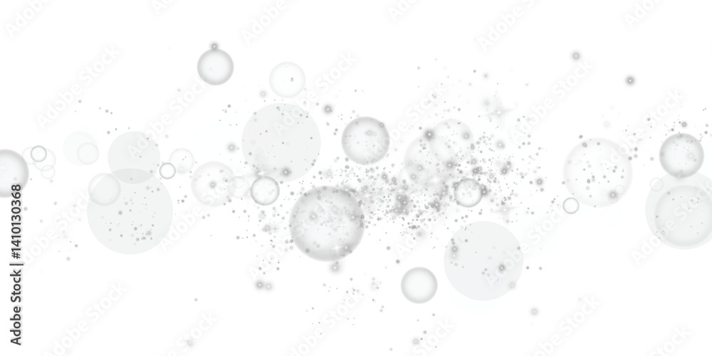 A serene white bokeh effect with glowing orbs and soft sparkling lights on a transparent background