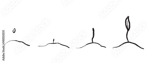 Process of plant growing from seed to first leaf in ground in black brush stroke texture isolated on white. Hand drawn vector sketch illustration in vintage charcoal ink. Ecology symbol, environment.