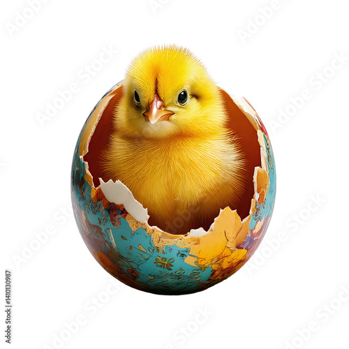 cute yellow chick getting out of painted easter egg, transparent background