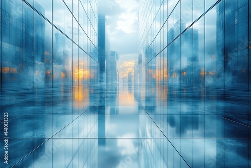 City skyline reflecting on glass surfaces during dawn with a misty atmosphere