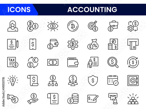 Accounting set of web icons in line style. Accounting and audit icons for web and mobile app. Containing finance report and audit, invoice, tax return, accounting, auditing, inspection and more.