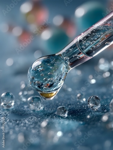 Cosmetic serum droplet encapsulating a molecule and DNA helix with splashing water particles