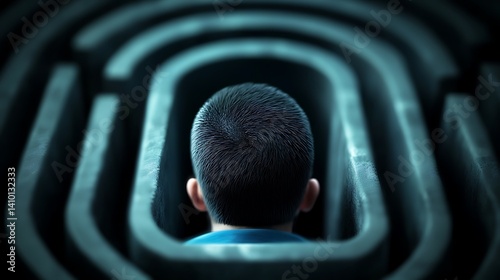 A boy navigating a surreal maze with concentric patterns, symbolizing introspection and discovery