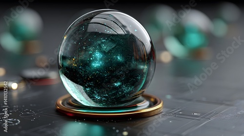 Futuristic glass orb with holographic shimmer and blue core glow