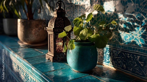 Glowing Moroccan-inspired metal lantern at sunset with mosaic tile wall