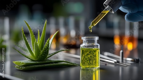 Lab technician extracting aloe vera gel into a glass vial
