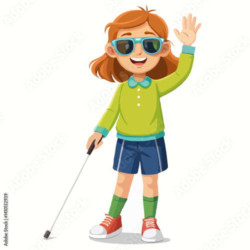 Cheerful Blind Woman with White Cane – Inclusive Cartoon Illustration with Bright Colors and Positive Vibes