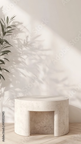 Minimalist Interior Design: Elegant Stone Pedestal with Plant Shadow