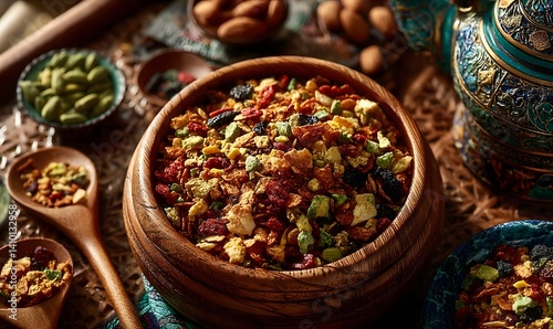 Overhead view of a wooden bowl with colorful granola mix on a rustic table