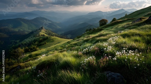 Panoramic view from a grassy hilltop in the Carpathians at sunset