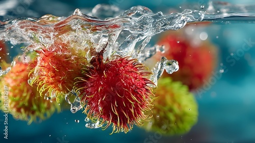Rambutan fruit captured mid-air with splashing water
