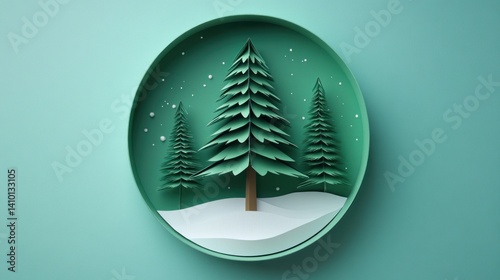 A minimalist Christmas background featuring a green paper fir tree within a round frame. A winter wonderland inspired paper craft scene for the holiday season.