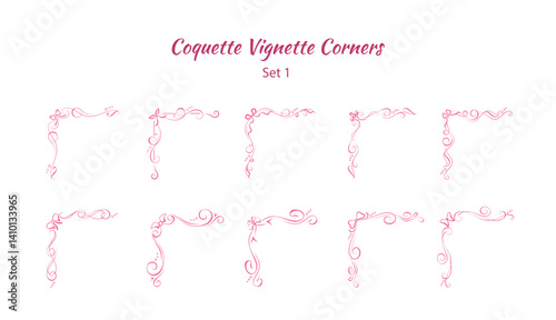 Hand drawn ornate corners with bow ribbon elements. Elegant editable vignettes for making frames