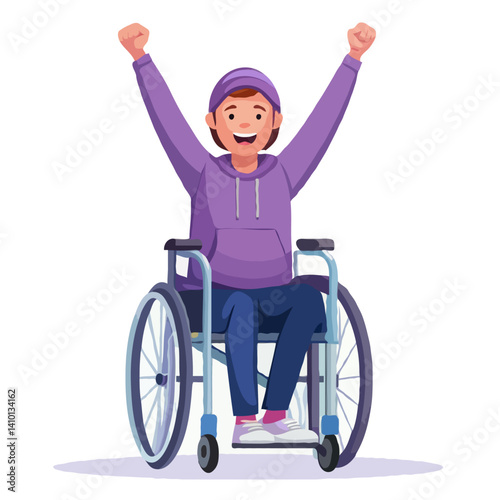 Joyful Cartoon Person in Wheelchair Raising Arms – Inclusive and Empowering Vector Illustration