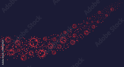 Viral Spread: An abstract pattern of red corona viruses swirling against a deep blue background. Their swirling path forms a dynamic and compelling visualization of pandemic spread.