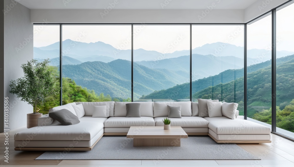 Modern Living Enhanced By Glass View Of Serene Mountains, White Sectional Sofa, And Light Grey Accents In Blurred Living Room.