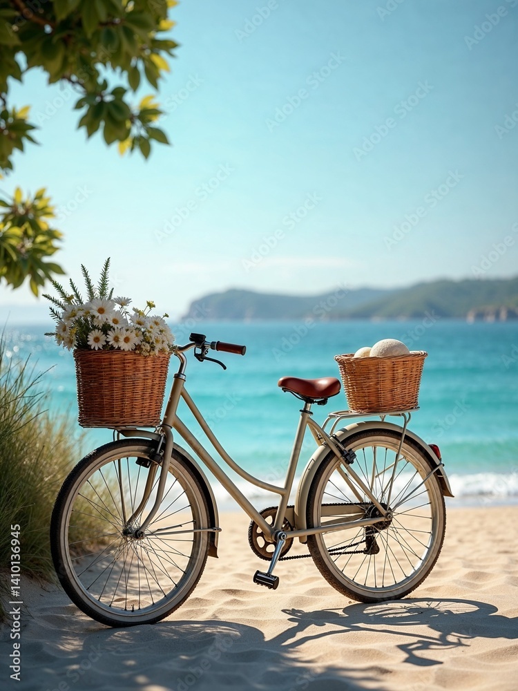 Fototapeta premium Beachfront Bicycle with Flowers