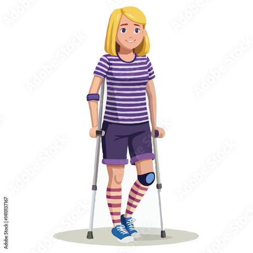 Determined Young Woman with Prosthetic Leg and Crutches – Flat Cartoon Illustration of Strength and Recovery