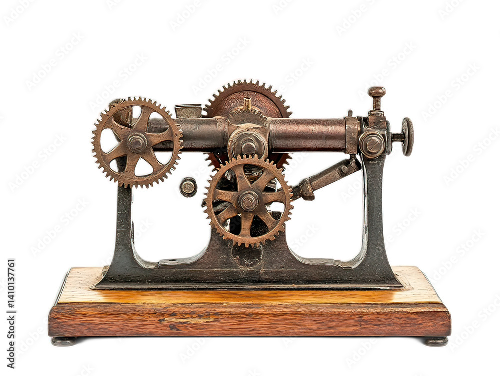 Obraz premium Antique corn husker with wooden base and metal gears, patina on metal parts, white background