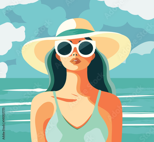 Woman girl on vacation in a white beach tunic dress, glasses and a hat, against the background of the beach and the azure coast. Summer holidays. Travel. Vector illustration for tourism projects