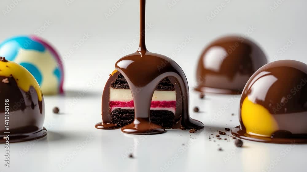 Cut bonbon filled with chocolate ganache and berry or fruit purees on a white background. Artisanal colorful confections. Concept for a chocolatier.