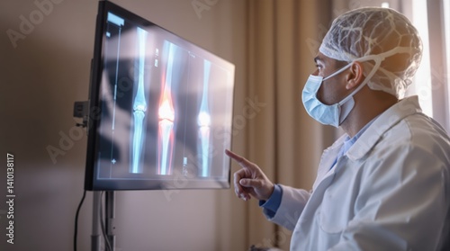Medical doctor analyzing knee x-rays on screen