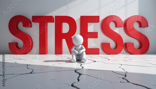 Stressed person sitting on cracked floor under the word stress