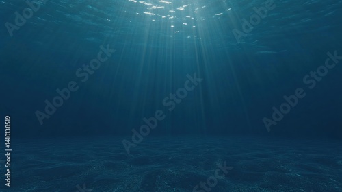 Underwater sunbeams illuminate the deep ocean floor.