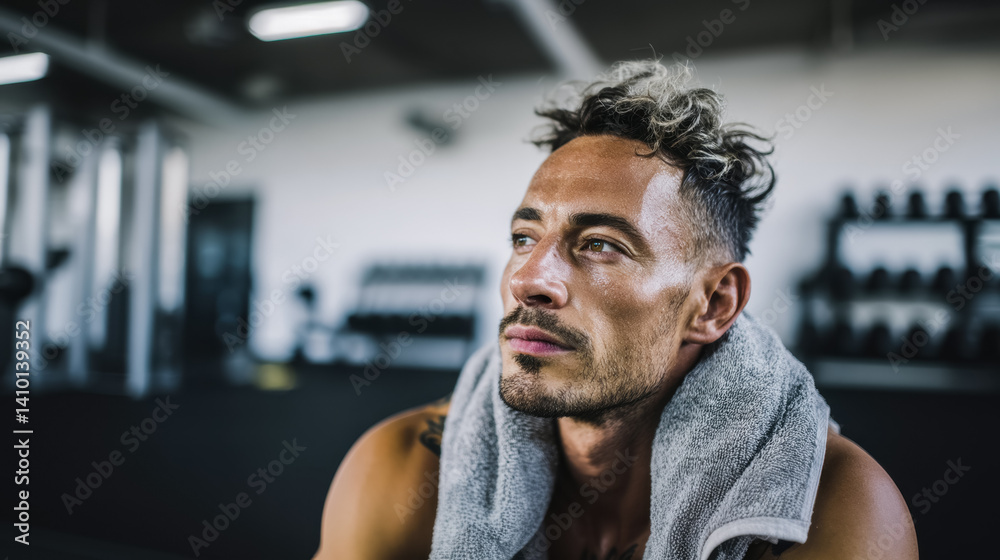 Obraz premium Young caucasian male with towel relaxing in gym after intense workout