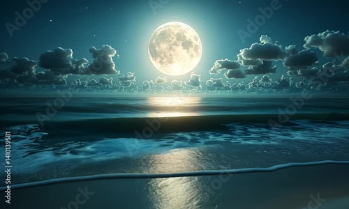 Full moon over a tranquil beach at night.
