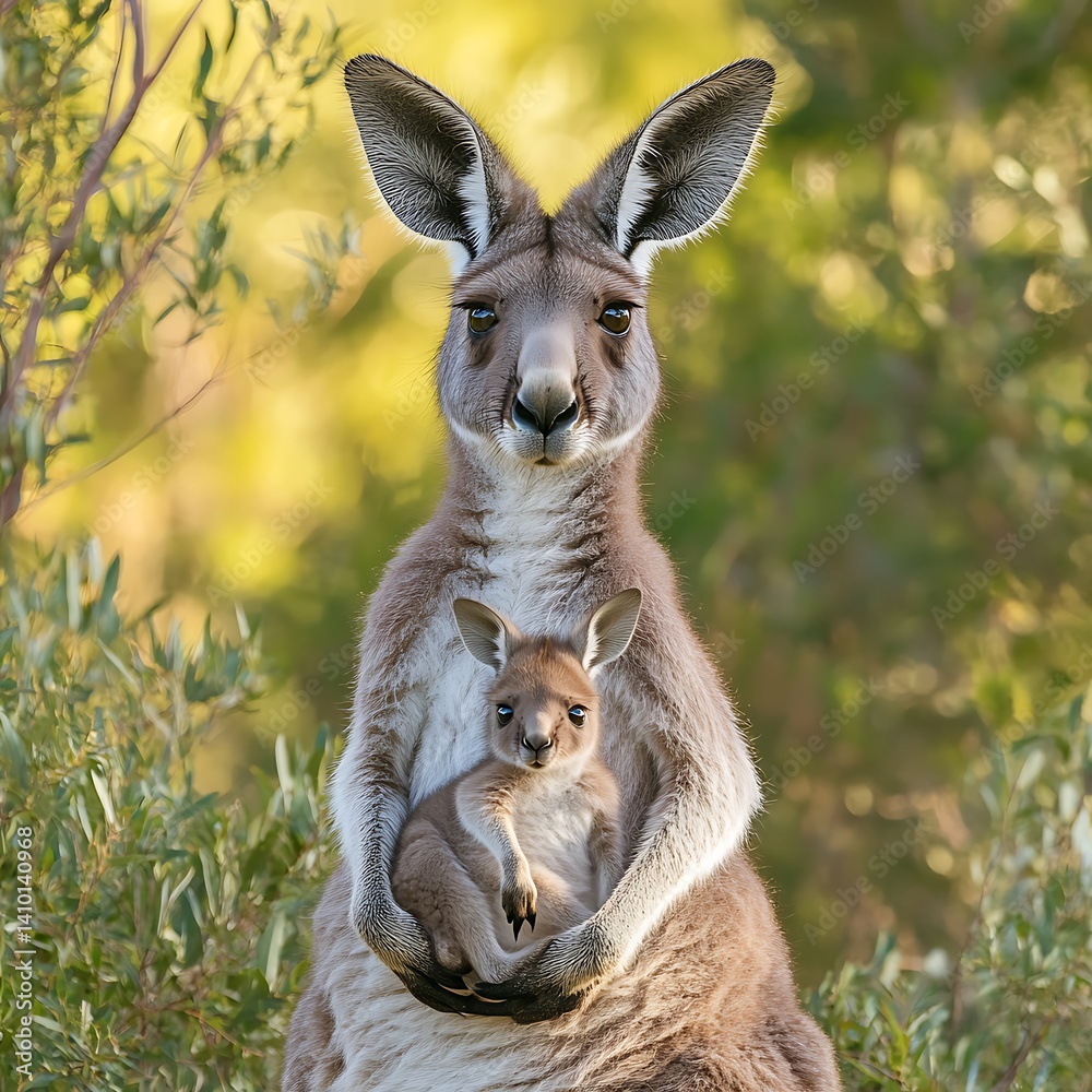 Cute mother kangaroo with baby sitting calmly in the wilderness Cute mother kangaroo with baby sitting calmly in the wilderness