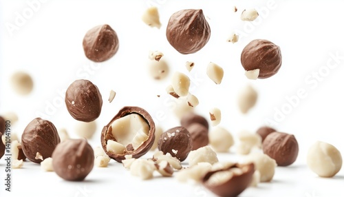 Fresh Macadamia Nuts Floating In The Air On A White Background: Food Levitation In High Resolution Image. A Tasty Scene.