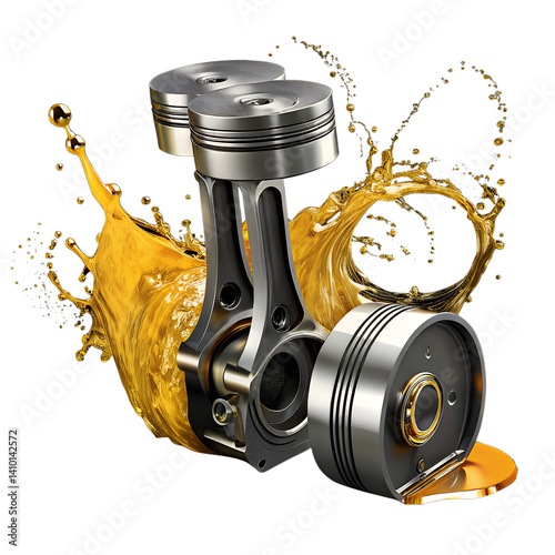  Car Pistons with Oil Splash on Transparent Background