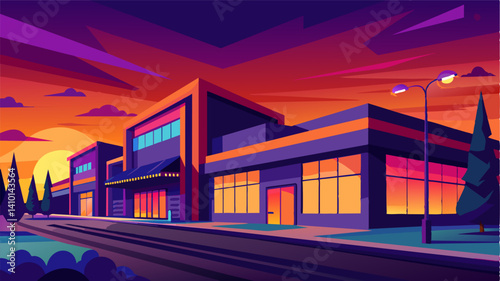 As evening falls the eVTOLs light up with vibrant colors adding to the already captivating atmosphere of the retail complex.. Vector illustration