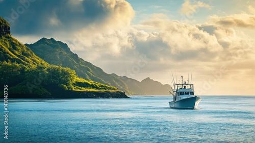 Fishing boat at sunrise, tropical bay, lush mountains