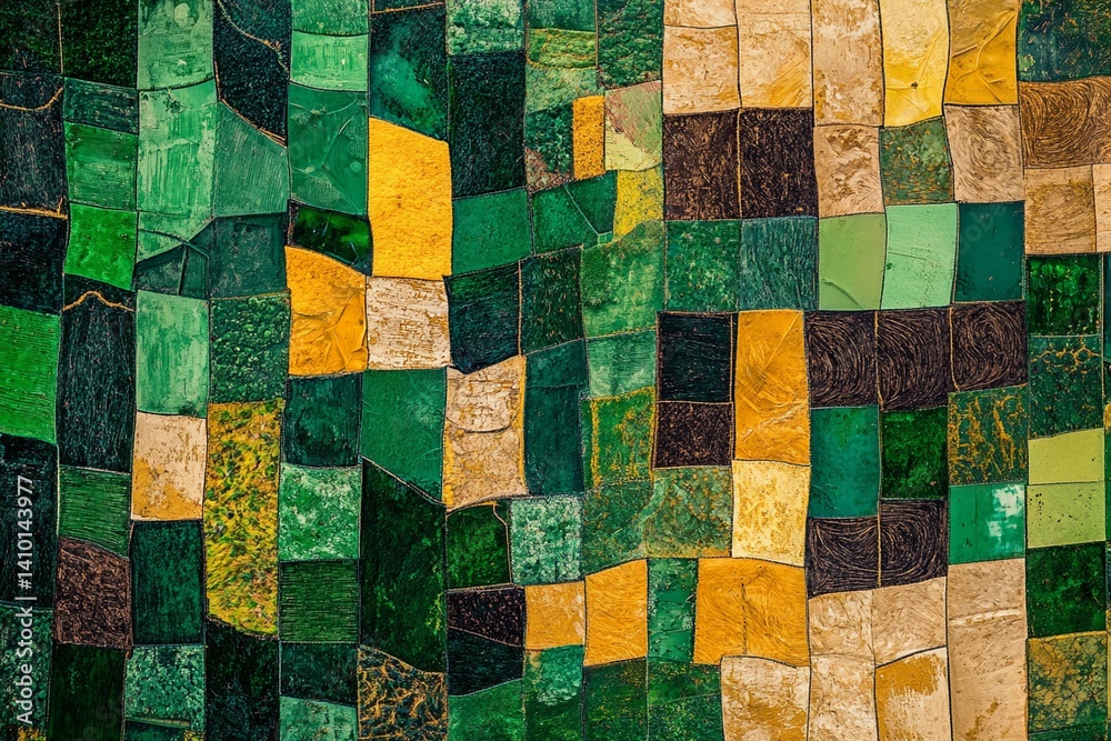 From above, a vivid mosaic of farmlands stretches across the countryside in an intricate agricultural pattern From above, a vivid mosaic of farmlands stretches across the countryside in an intricate agricultural pattern