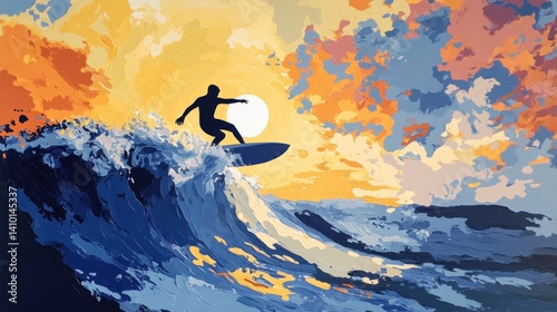 Surfer riding wave at sunset, vibrant abstract seascape