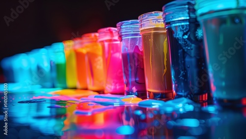 Vintage UV Body Paint Tubes Glowing Under Blacklight: Neon Colors Spilled on Reflective Surface Against Dark Background