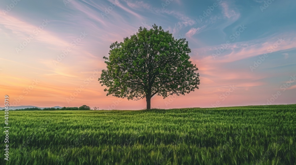 Fototapeta premium a lonely tree in the middle of a vast serene field at dusk [+ your colors]