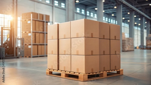 A stack of cardboard boxes on a wooden pallet in a spacious warehouse, illuminated by natural light from large windows.