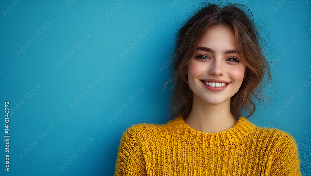 Fototapeta premium A cheerful young woman with a bright smile. She wears a cozy yellow sweater against a vibrant blue background, exuding warmth and positivity.