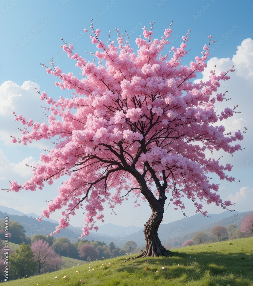 A majestic tree adorned with vibrant pink blossoms, its branches gracefully arching under the weight of the delicate flowers, creating a stunning display against a clear blue sky. A majestic tree adorned with vibrant pink blossoms, its branches gracefully arching under the weight of the delicate flowers, creating a stunning display against a clear blue sky.