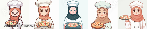 hijab woman vector holding pizza
