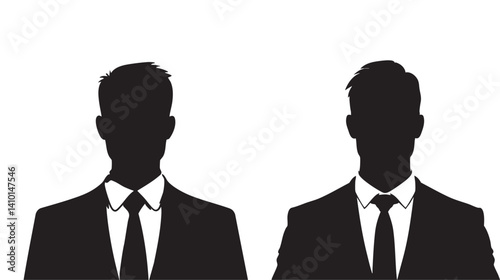 Two black silhouettes of men in suits and ties against a white backdrop