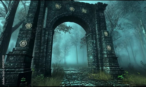 Misty, ancient archway in a dark forest.