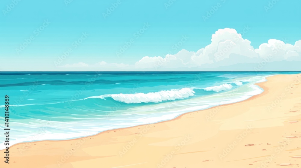 Sunny beach scene with ocean waves