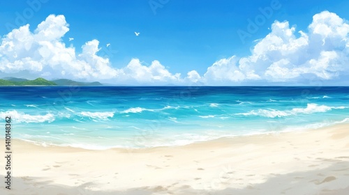 Sunny beach scene with gentle waves and fluffy clouds