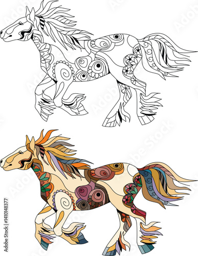 Zentangle galloping horse. Hand drawn decorative vector illustration for coloring. Color and outline set