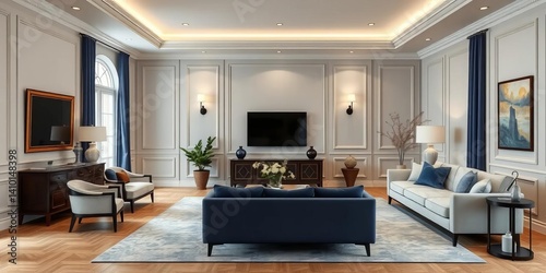 Elegant navy-curtained living room, light grey walls, tasteful furniture arrangement, real estate, royalty free