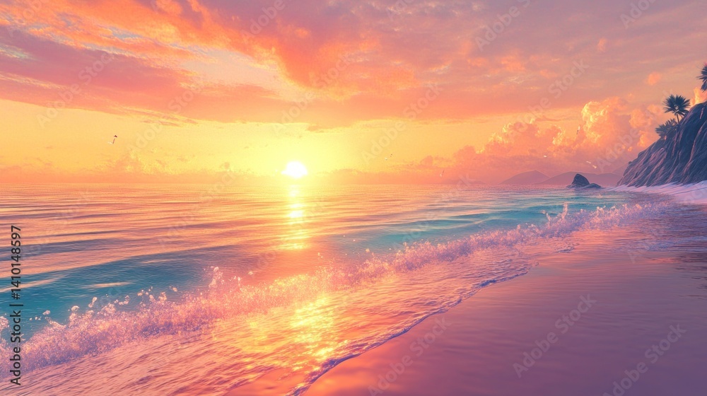 Tropical Sunset Beach Scene with Dramatic Sky